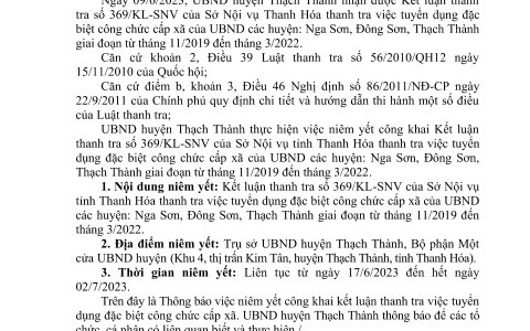 Thông báo về việc niêm yết công khai Kết luận thanh tra của Sở Nội vụ về việc tuyển dụng đặc biệt công chức cấp xã của UBND huyện Thạch Thành giai đoạn từ tháng 11/2019 đến tháng 3/2022